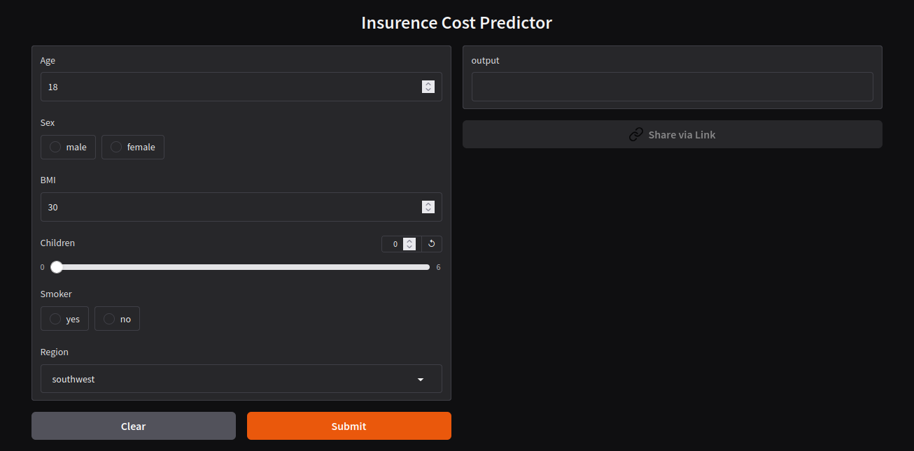 Insurance Cost Predictor app interface